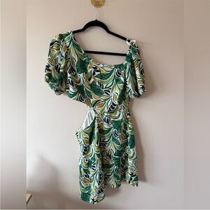 City Studio Green Leaf Print Cutout Mini Dress with Puff Sleeves